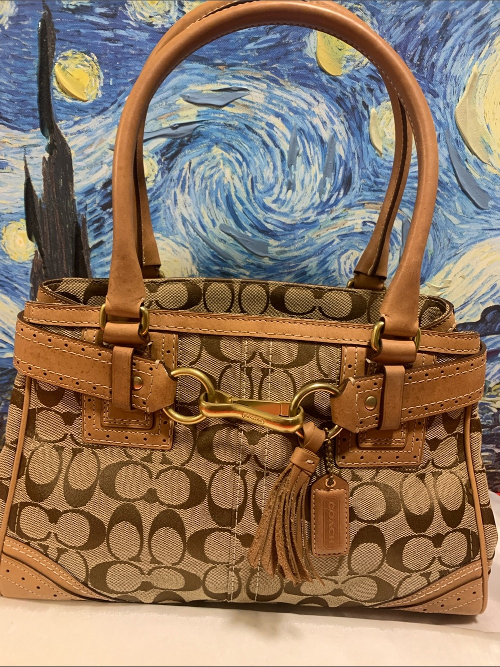 Coach Tan Signature Canvas Tote with Leather Trim